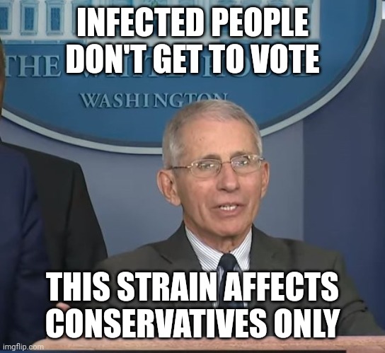 Dr Fauci | INFECTED PEOPLE DON'T GET TO VOTE THIS STRAIN AFFECTS CONSERVATIVES ONLY | image tagged in dr fauci | made w/ Imgflip meme maker