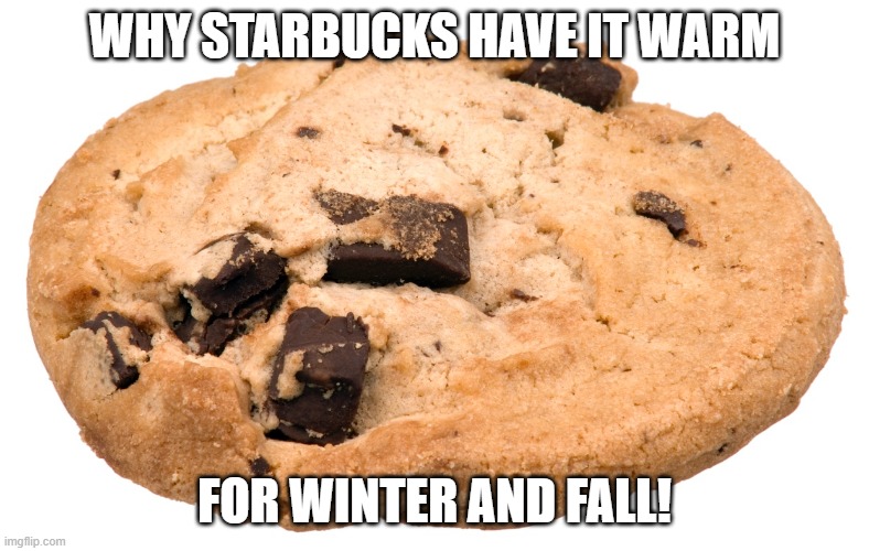 Chocolate chip cookie  | WHY STARBUCKS HAVE IT WARM; FOR WINTER AND FALL! | image tagged in chocolate chip cookie | made w/ Imgflip meme maker