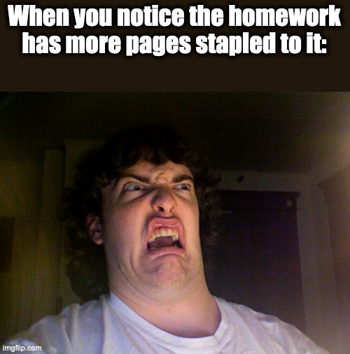 Bruh moment | When you notice the homework has more pages stapled to it: | image tagged in memes,oh no | made w/ Imgflip meme maker