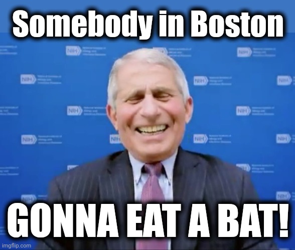 Fauci laughs at the suckers | Somebody in Boston GONNA EAT A BAT! | image tagged in fauci laughs at the suckers | made w/ Imgflip meme maker