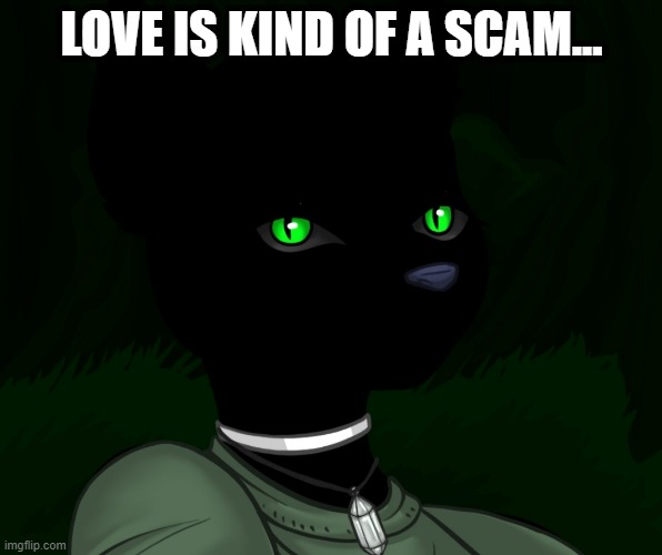 My new panther fursona | LOVE IS KIND OF A SCAM... | image tagged in my new panther fursona | made w/ Imgflip meme maker