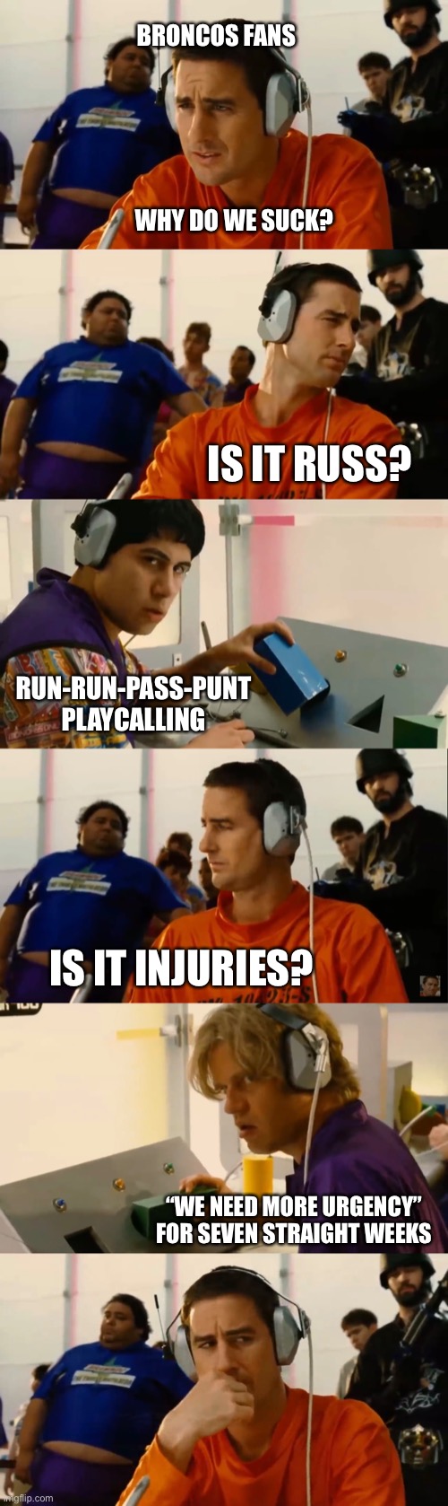 BRONCOS FANS; WHY DO WE SUCK? IS IT RUSS? RUN-RUN-PASS-PUNT
PLAYCALLING; IS IT INJURIES? “WE NEED MORE URGENCY”
FOR SEVEN STRAIGHT WEEKS | made w/ Imgflip meme maker