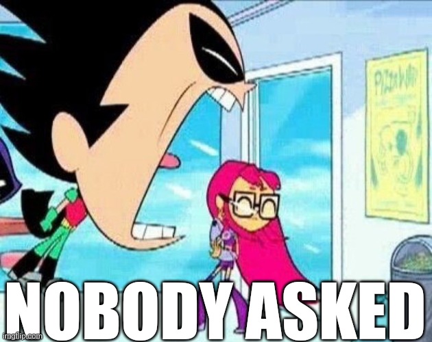 robin yelling at material girl | NOBODY ASKED | image tagged in robin yelling at material girl | made w/ Imgflip meme maker