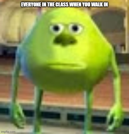 Sully Wazowski | EVERYONE IN THE CLASS WHEN YOU WALK IN | image tagged in sully wazowski | made w/ Imgflip meme maker