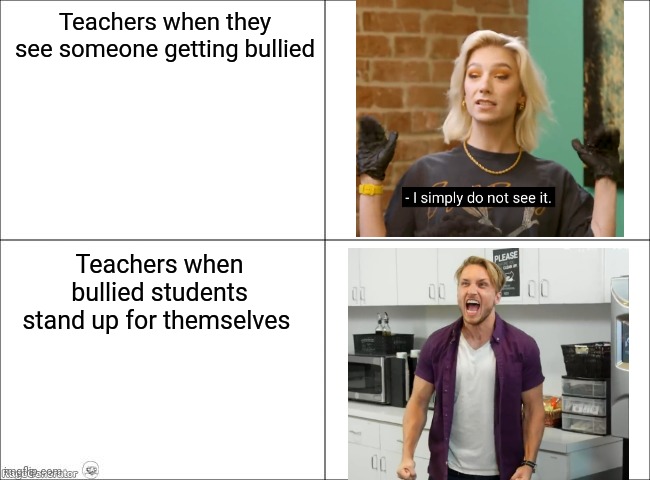 Do something to stop bullying | Teachers when they see someone getting bullied; Teachers when bullied students stand up for themselves | image tagged in 4 panel comic,teachers,high school,bullying,smosh | made w/ Imgflip meme maker