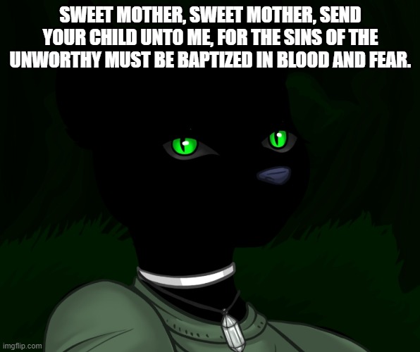 My new panther fursona | SWEET MOTHER, SWEET MOTHER, SEND YOUR CHILD UNTO ME, FOR THE SINS OF THE UNWORTHY MUST BE BAPTIZED IN BLOOD AND FEAR. | image tagged in my new panther fursona | made w/ Imgflip meme maker