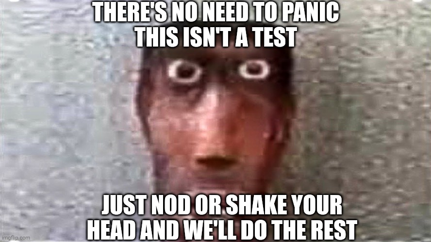 THERE'S NO NEED TO PANIC
THIS ISN'T A TEST; JUST NOD OR SHAKE YOUR HEAD AND WE'LL DO THE REST | made w/ Imgflip meme maker