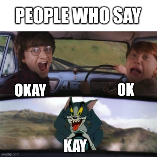 K isn't as bad | PEOPLE WHO SAY; OK; OKAY; KAY | image tagged in tom chasing harry and ron weasly,memes,true,relatable | made w/ Imgflip meme maker