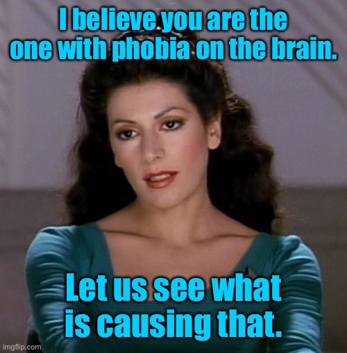 Counselor Deanna Troi | I believe you are the one with phobia on the brain. Let us see what is causing that. | image tagged in counselor deanna troi | made w/ Imgflip meme maker