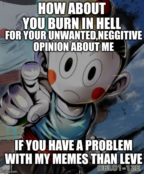 HOW ABOUT YOU BURN IN HELL FOR YOUR UNWANTED,NEGGITIVE OPINION ABOUT ME IF YOU HAVE A PROBLEM WITH MY MEMES THAN LEVE | made w/ Imgflip meme maker