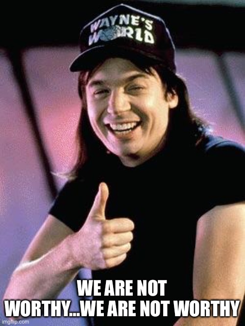 Wayne's world  | WE ARE NOT WORTHY…WE ARE NOT WORTHY | image tagged in wayne's world | made w/ Imgflip meme maker