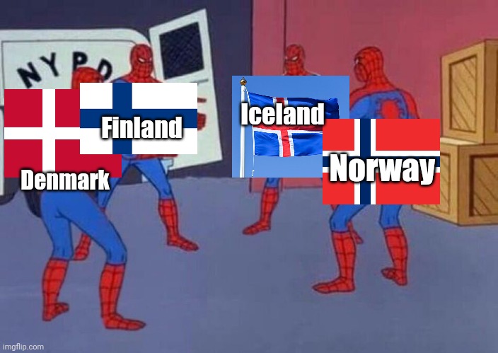 4 Spiderman pointing at each other | Iceland; Finland; Norway; Denmark | image tagged in 4 spiderman pointing at each other | made w/ Imgflip meme maker