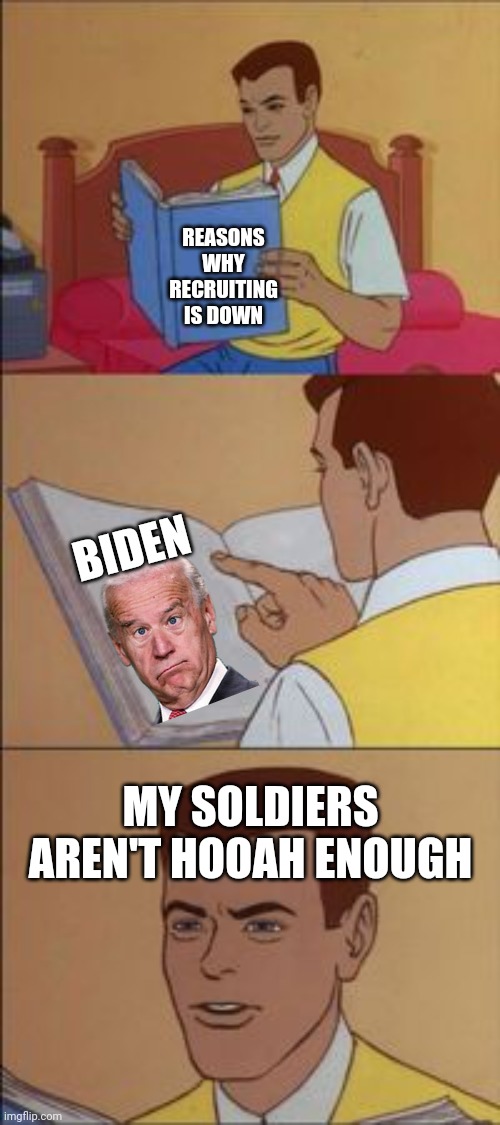 Peter parker reading a book  | REASONS WHY RECRUITING IS DOWN; BIDEN; MY SOLDIERS AREN'T HOOAH ENOUGH | image tagged in peter parker reading a book | made w/ Imgflip meme maker