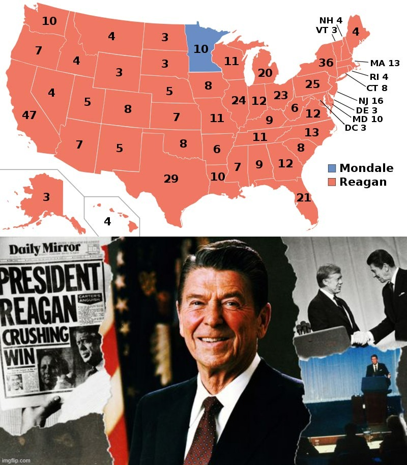 Big anti-cringe @ Reagan (cringe @ Mondale) | image tagged in ronald reagan 1984 landslide,ronald reagan crushing win | made w/ Imgflip meme maker