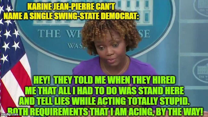 Another winning . . . diversity hire. | KARINE JEAN-PIERRE CAN’T NAME A SINGLE SWING-STATE DEMOCRAT:; HEY!  THEY TOLD ME WHEN THEY HIRED ME THAT ALL I HAD TO DO WAS STAND HERE AND TELL LIES WHILE ACTING TOTALLY STUPID.  BOTH REQUIREMENTS THAT I AM ACING, BY THE WAY! | image tagged in leftists | made w/ Imgflip meme maker