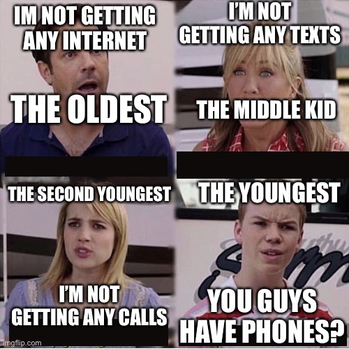 Family’s be like: | I’M NOT GETTING ANY TEXTS; IM NOT GETTING ANY INTERNET; THE OLDEST; THE MIDDLE KID; THE SECOND YOUNGEST; THE YOUNGEST; I’M NOT GETTING ANY CALLS; YOU GUYS HAVE PHONES? | image tagged in you guys are getting paid template | made w/ Imgflip meme maker