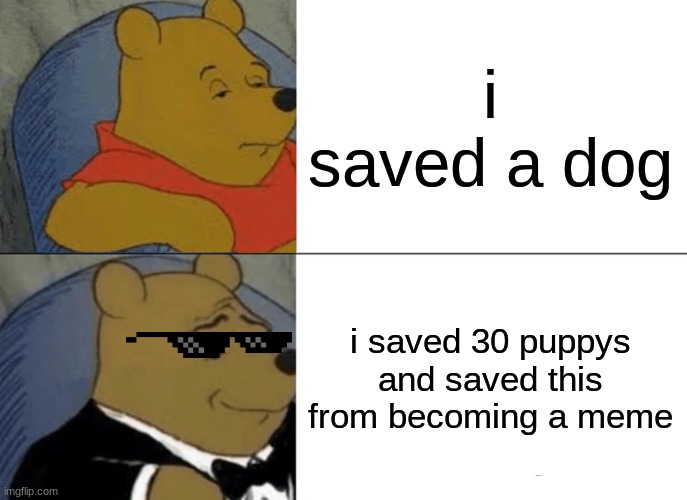 Tuxedo Winnie The Pooh | i saved a dog; i saved 30 puppys and saved this from becoming a meme | image tagged in memes,tuxedo winnie the pooh | made w/ Imgflip meme maker