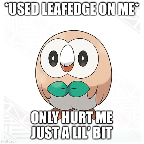 Don’t Leaf-edge me rowlet! | *USED LEAFEDGE ON ME*; ONLY HURT ME JUST A LIL’ BIT | image tagged in rowlet,memes,pokemon,grass types,alola region | made w/ Imgflip meme maker