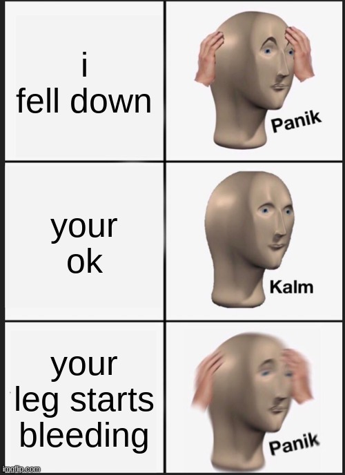 Panik Kalm Panik | i fell down; your ok; your leg starts bleeding | image tagged in memes,panik kalm panik | made w/ Imgflip meme maker