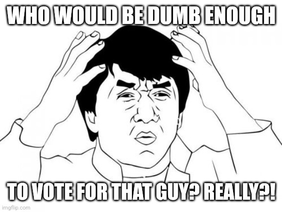 Jackie Chan WTF Meme | WHO WOULD BE DUMB ENOUGH TO VOTE FOR THAT GUY? REALLY?! | image tagged in memes,jackie chan wtf | made w/ Imgflip meme maker