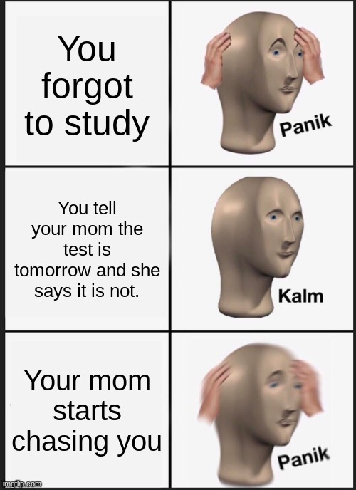 Forgot to study | You forgot to study; You tell your mom the test is tomorrow and she says it is not. Your mom starts chasing you | image tagged in memes,panik kalm panik | made w/ Imgflip meme maker