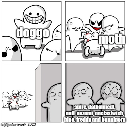 Toons scared of getting beat up | doggo moth spire, da[banned], null, nozomi, onelastwish, blue, freddy and bunniporn | image tagged in toons scared of getting beat up | made w/ Imgflip meme maker