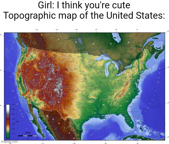 Idk | Girl: I think you're cute
Topographic map of the United States: | image tagged in pie charts | made w/ Imgflip meme maker