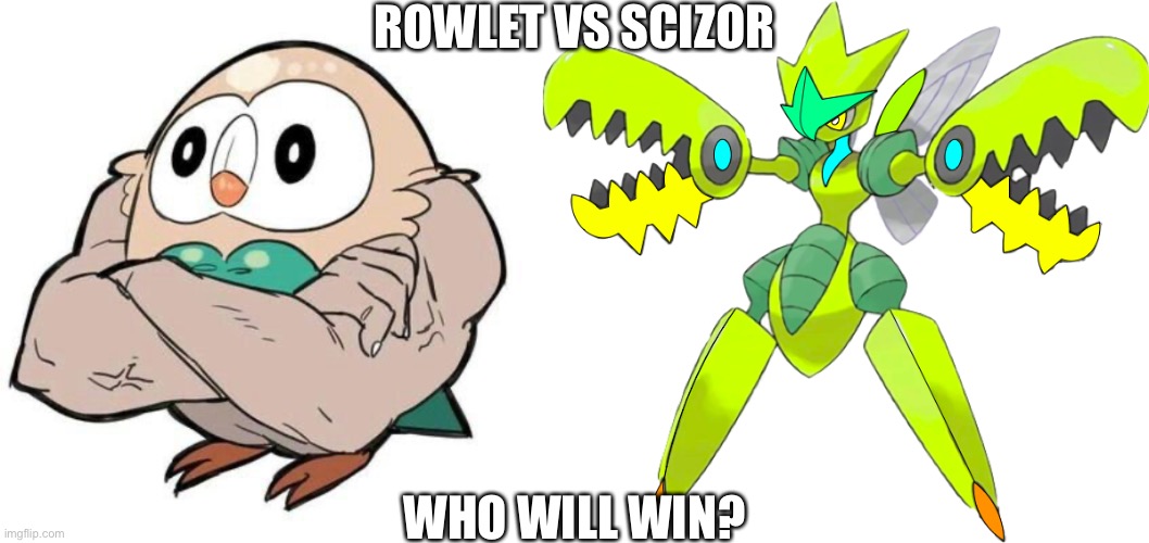 Vote Time! Which Pokémon you’ll pick? | ROWLET VS SCIZOR; WHO WILL WIN? | image tagged in muscle rowlet,rushlight the scizor,who would win,memes,pokemon | made w/ Imgflip meme maker