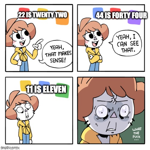 Yeah That Makes Sense | 44 IS FORTY FOUR; 22 IS TWENTY TWO; 11 IS ELEVEN | image tagged in yeah that makes sense | made w/ Imgflip meme maker