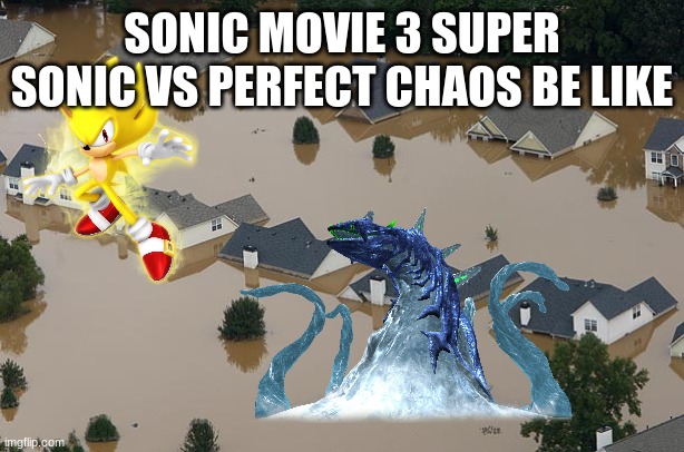 shitpost for sonic 3 | SONIC MOVIE 3 SUPER SONIC VS PERFECT CHAOS BE LIKE | image tagged in flood | made w/ Imgflip meme maker