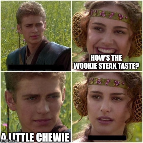 Anakin and Padme | HOW’S THE WOOKIE STEAK TASTE? A LITTLE CHEWIE | image tagged in anakin and padme | made w/ Imgflip meme maker