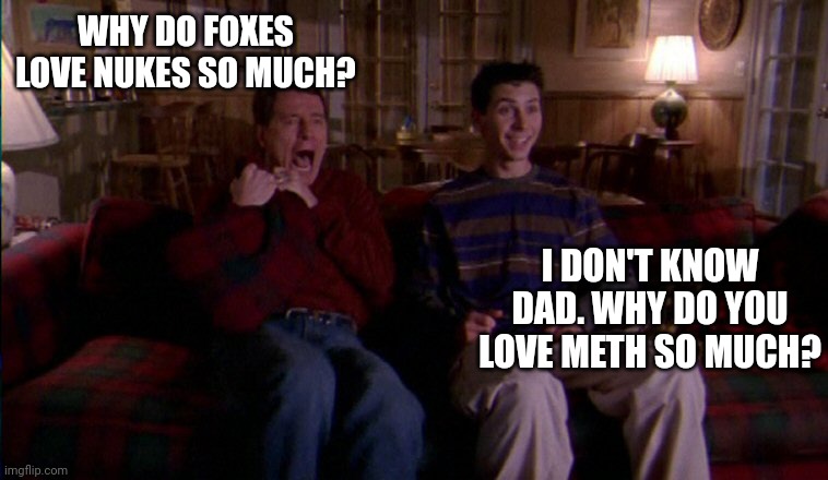 Why doesn't walter white know about foxes? | WHY DO FOXES LOVE NUKES SO MUCH? I DON'T KNOW DAD. WHY DO YOU LOVE METH SO MUCH? | image tagged in malcolm in the middle,foxes,love,nuclear power | made w/ Imgflip meme maker