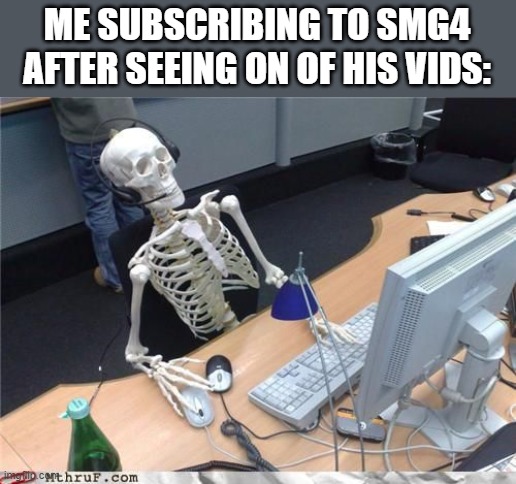 bro is hilarious | ME SUBSCRIBING TO SMG4 AFTER SEEING ON OF HIS VIDS: | image tagged in skeleton computer | made w/ Imgflip meme maker