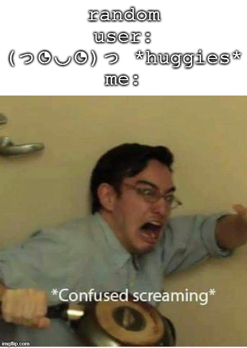 confused screaming | random user: (っ◔◡◔)っ *huggies*
me: | image tagged in confused screaming | made w/ Imgflip meme maker