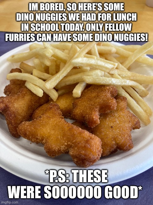 Dino Nuggies are superior | IM BORED, SO HERE’S SOME DINO NUGGIES WE HAD FOR LUNCH IN SCHOOL TODAY. ONLY FELLOW FURRIES CAN HAVE SOME DINO NUGGIES! *P.S: THESE WERE SOOOOOO GOOD* | image tagged in food,chicken nuggets,school | made w/ Imgflip meme maker
