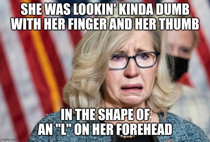 Liz Cheney | SHE WAS LOOKIN' KINDA DUMB WITH HER FINGER AND HER THUMB IN THE SHAPE OF AN "L" ON HER FOREHEAD | image tagged in liz cheney | made w/ Imgflip meme maker