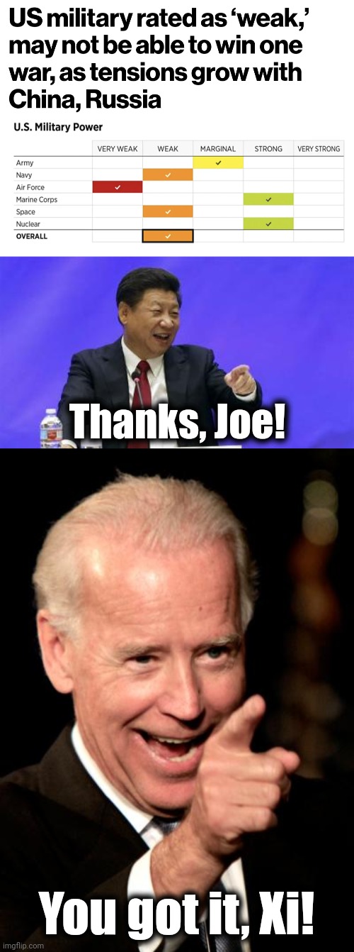 What China gets for all that money | Thanks, Joe! You got it, Xi! | image tagged in xi jinping laughing,memes,smilin biden,china,united states,military | made w/ Imgflip meme maker