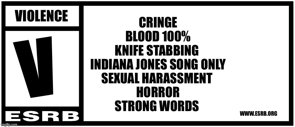 Meme | VIOLENCE; CRINGE
BLOOD 100%
KNIFE STABBING 
INDIANA JONES SONG ONLY
SEXUAL HARASSMENT 
HORROR
STRONG WORDS; V; WWW.ESRB.ORG | image tagged in esrb rating box now bigger | made w/ Imgflip meme maker