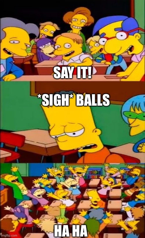 say the line bart! simpsons | SAY IT! *SIGH* BALLS; HA HA | image tagged in say the line bart simpsons | made w/ Imgflip meme maker