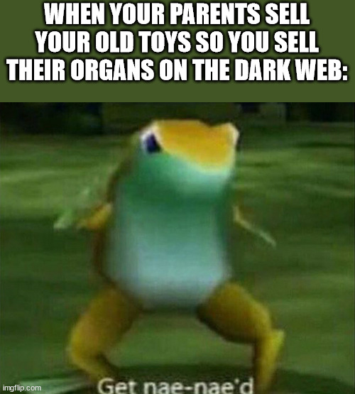 Have fun with no kidneys :) | WHEN YOUR PARENTS SELL YOUR OLD TOYS SO YOU SELL THEIR ORGANS ON THE DARK WEB: | image tagged in get nae-nae'd | made w/ Imgflip meme maker