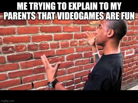 Brick wall guy | ME TRYING TO EXPLAIN TO MY PARENTS THAT VIDEOGAMES ARE FUN | image tagged in brick wall guy | made w/ Imgflip meme maker