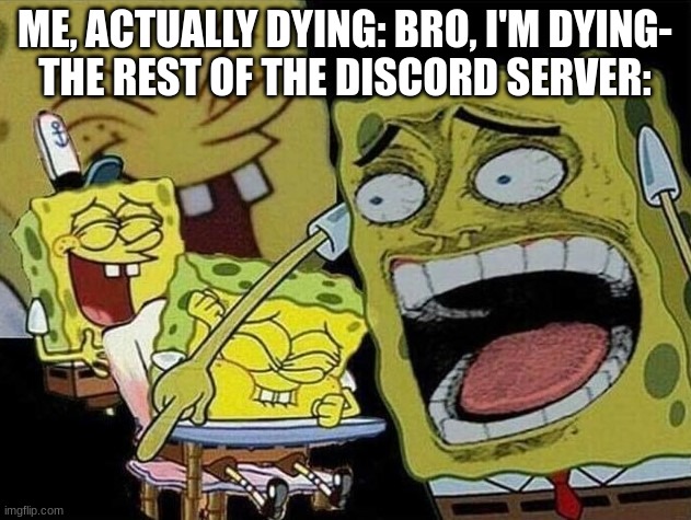 Spongebob laughing Hysterically | ME, ACTUALLY DYING: BRO, I'M DYING-
THE REST OF THE DISCORD SERVER: | image tagged in spongebob laughing hysterically | made w/ Imgflip meme maker