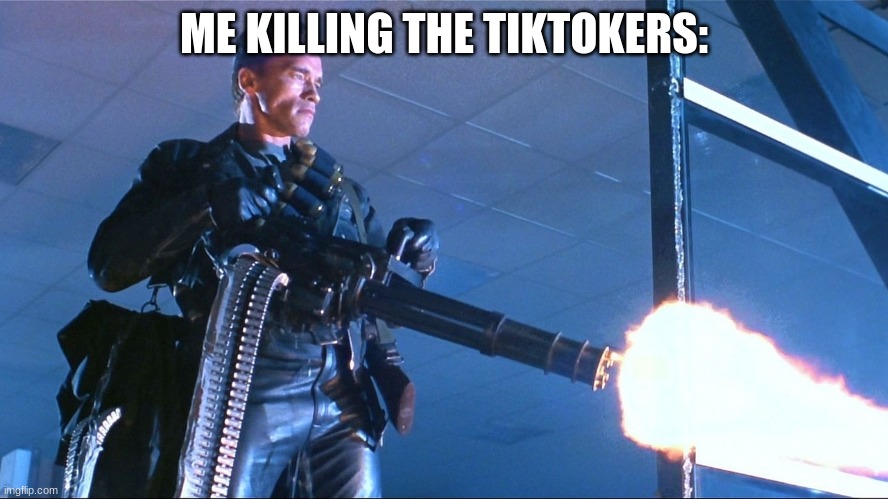 Terminator Minigun Arnold Schwarzenegger | ME KILLING THE TIKTOKERS: | image tagged in terminator minigun arnold schwarzenegger | made w/ Imgflip meme maker