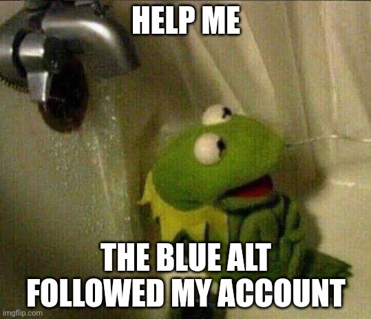 kermit crying terrified in shower | HELP ME; THE BLUE ALT FOLLOWED MY ACCOUNT | image tagged in kermit crying terrified in shower | made w/ Imgflip meme maker