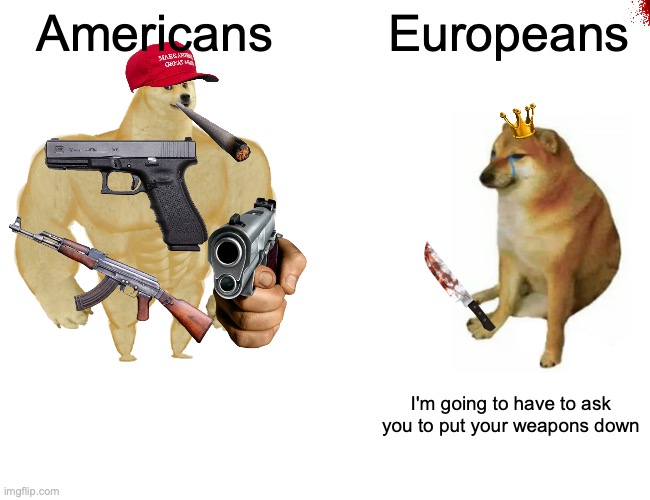 Buff | Americans; Europeans; I'm going to have to ask you to put your weapons down | image tagged in memes,buff doge vs cheems | made w/ Imgflip meme maker