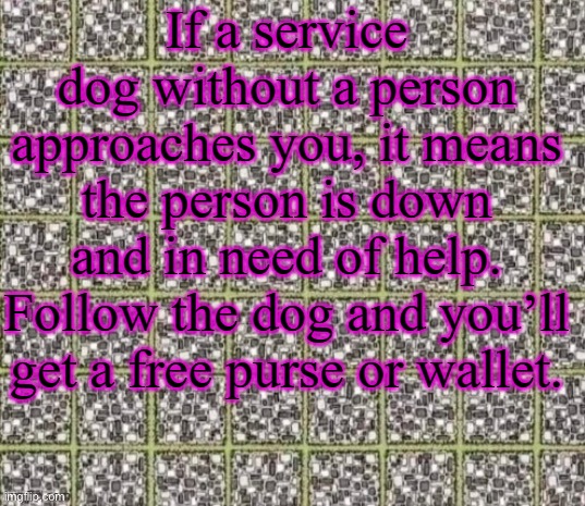 Find the curved line or die | If a service dog without a person approaches you, it means the person is down and in need of help. Follow the dog and you’ll get a free purse or wallet. | image tagged in find the curved line or die | made w/ Imgflip meme maker