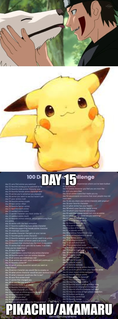I absolutely love these two!!!! | DAY 15; PIKACHU/AKAMARU | image tagged in 100 day anime challenge | made w/ Imgflip meme maker