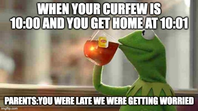 curfews be like | WHEN YOUR CURFEW IS 10:00 AND YOU GET HOME AT 10:01; PARENTS:YOU WERE LATE WE WERE GETTING WORRIED | image tagged in kermit sipping tea,funny,curfews,parents be like | made w/ Imgflip meme maker