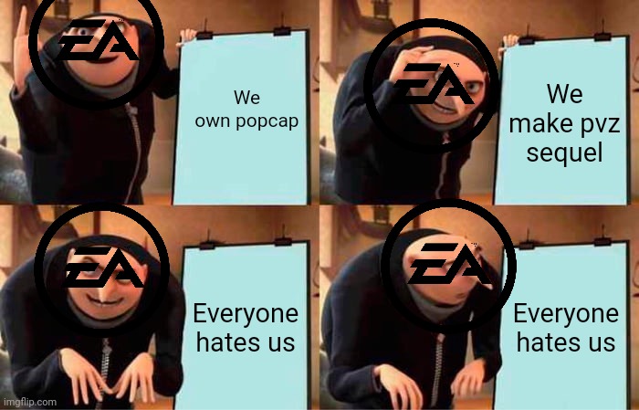 Pvz is ruined | We own popcap; We make pvz sequel; Everyone hates us; Everyone hates us | image tagged in memes,gru's plan | made w/ Imgflip meme maker