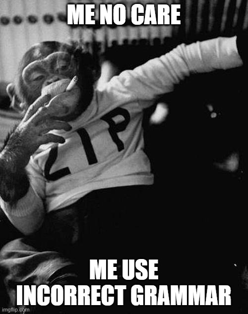 smoking monkey  | ME NO CARE ME USE INCORRECT GRAMMAR | image tagged in smoking monkey | made w/ Imgflip meme maker